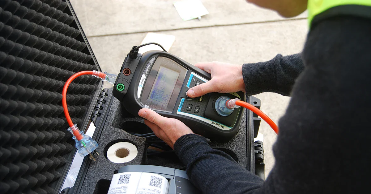 A person holding a testing device connected with red and green cables on a black case with foam padding, outdoor pavement in the background.