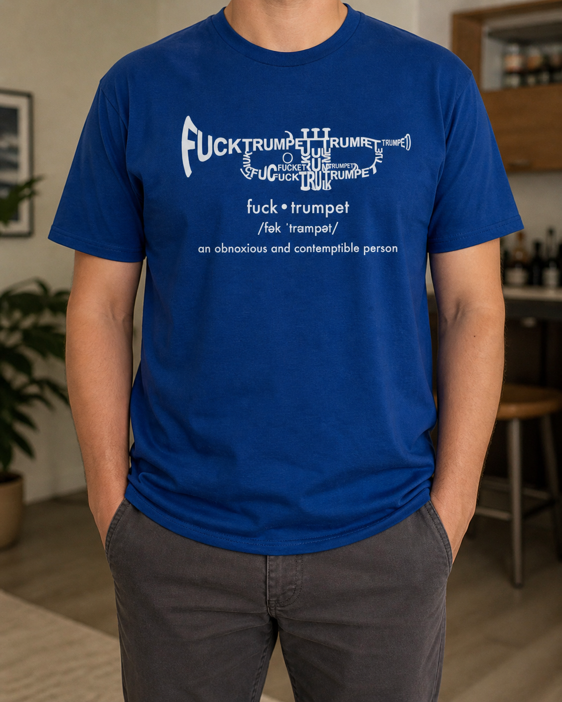Male model wearing Little Cowart's top t-shirt - Fucktrumpet - in Royal Blue