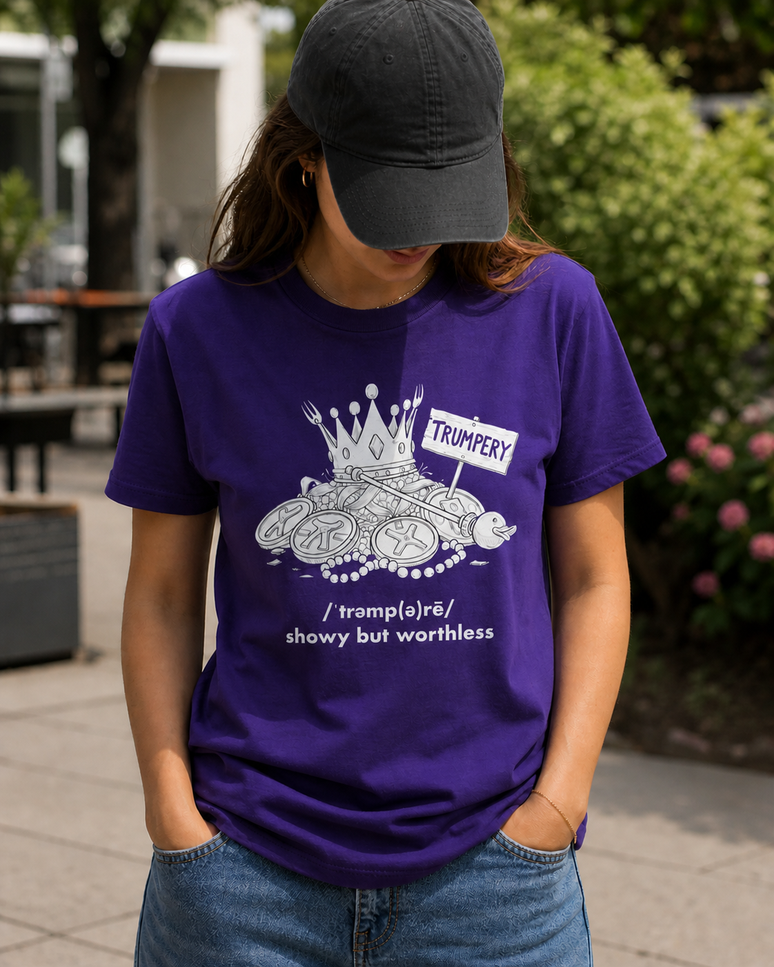 Woman wearing the little Cowart's Trumpery T-shirt in Purple