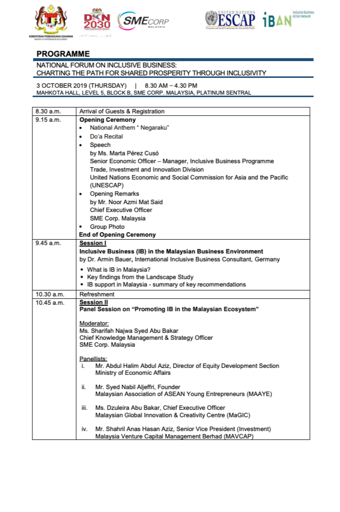 National Forum on Inclusive Business: Charting the Path for Shared Prosperity Through Inclusivity — UN ESCAP & SME Corp. Malaysia, October 2019.