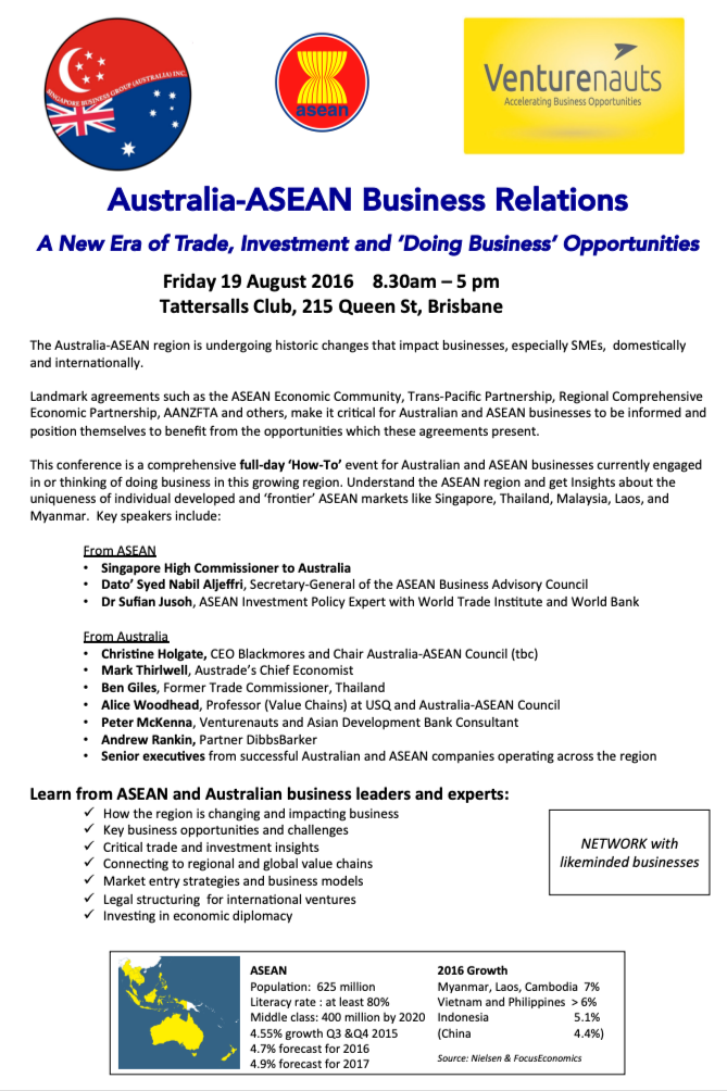 Australia-ASEAN Business Relations: A New Era of Trade, Investment and ‘Doing Business’ Opportunities — Australia-ASEAN Business Forum, August 2016.