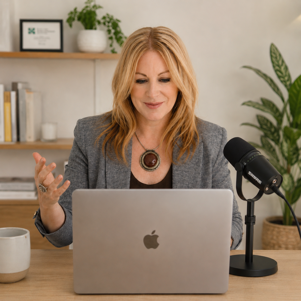 A woman with strawberry blonde hair in a grey blazer and large pendant necklace sits at a wooden desk with a silver MacBook, a black Shure microphone, a white mug, and a potted plant in the background, speaking and gesturing with her left hand.