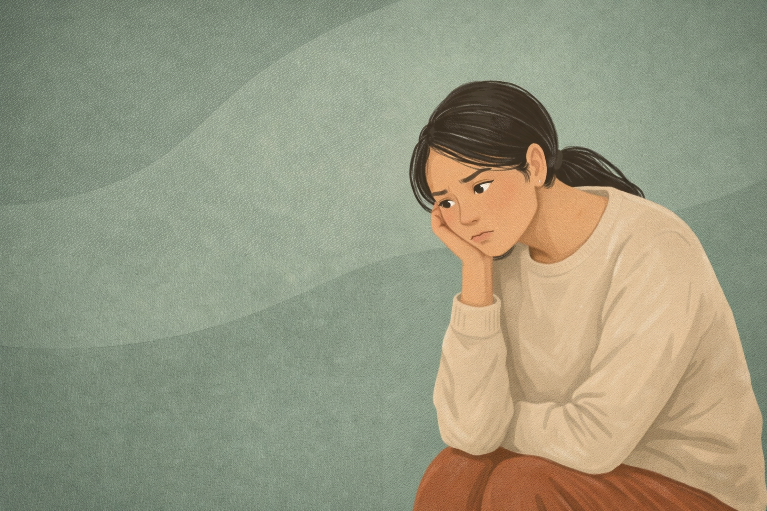 Woman sitting down with her chin supported by her hand, looking pensive