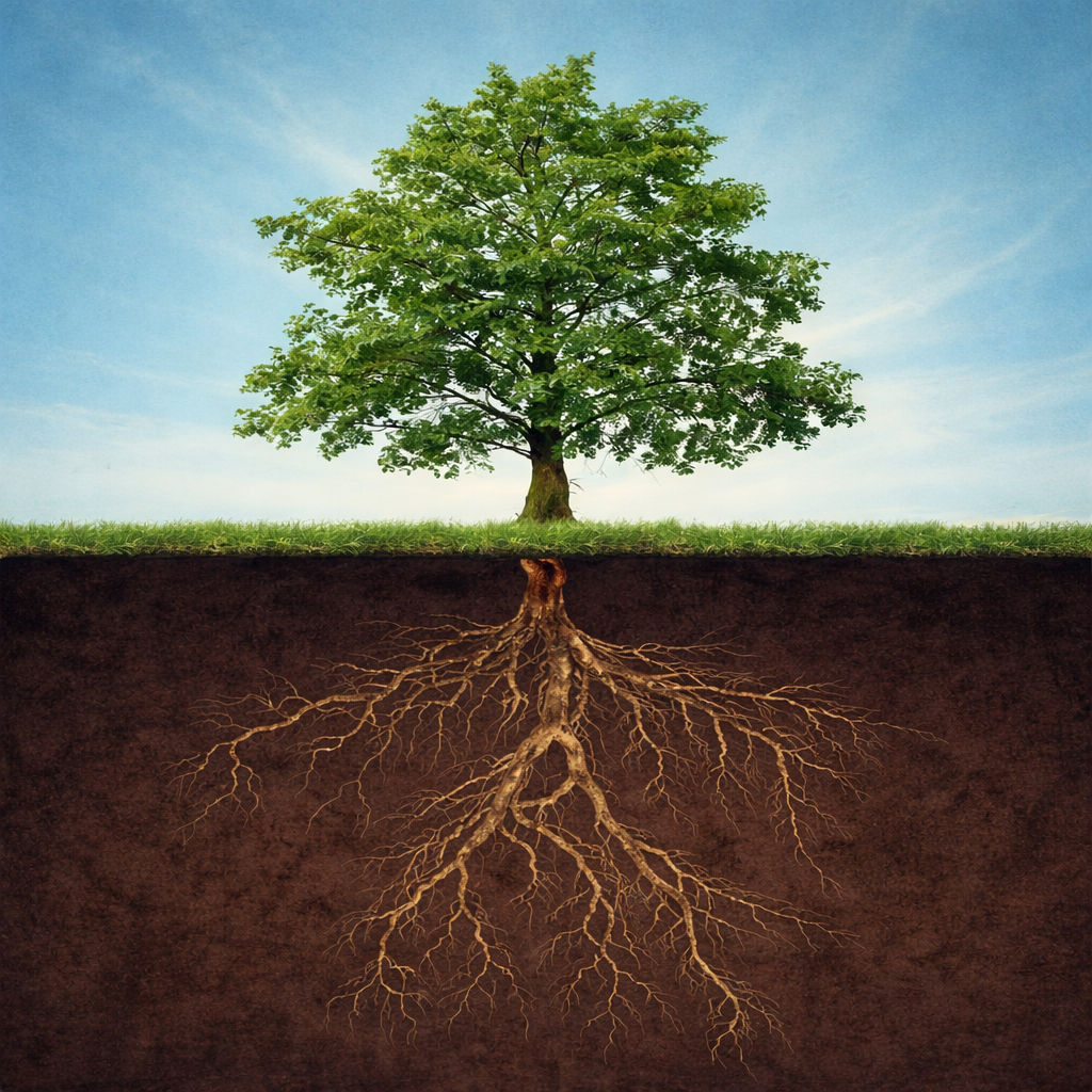 Tree with blue sky background and the roots embedded deep in the ground below it
