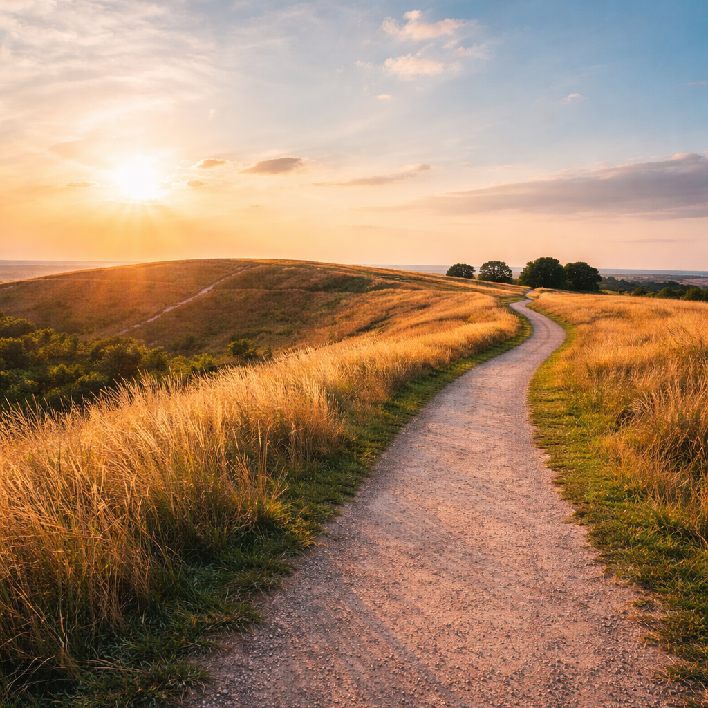 Path leading into the distance at sunset, on the top of a mountain with trees in the background