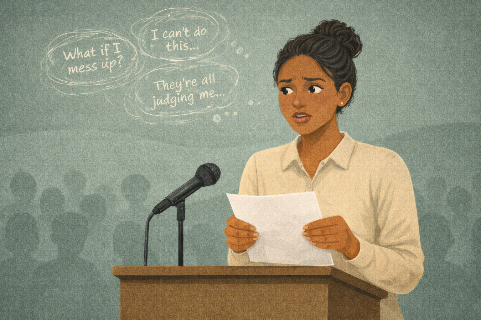 Woman standing at a podium about to speak but looking scared