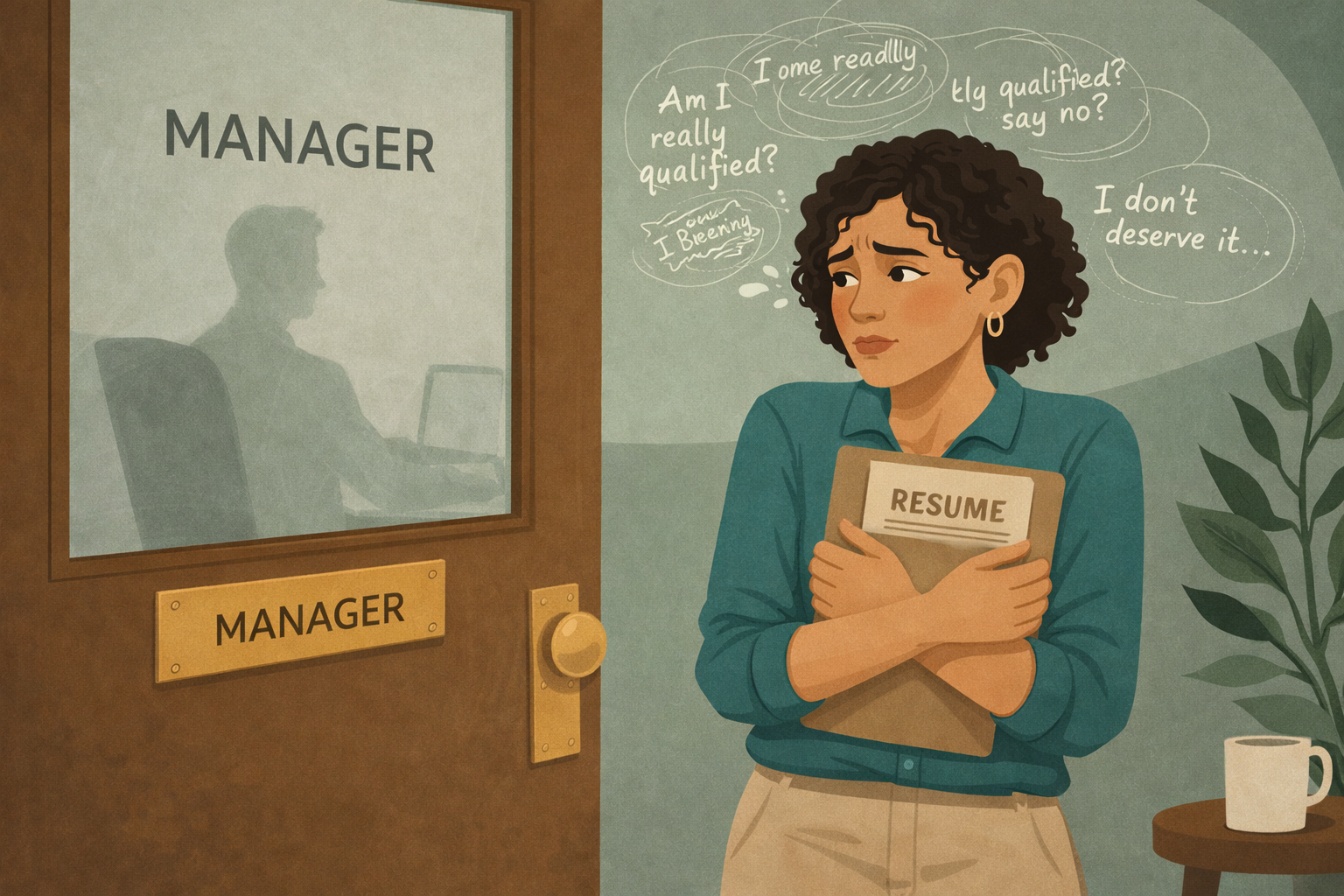 Woman standing outside her bosses office, scared to ask for a promotion