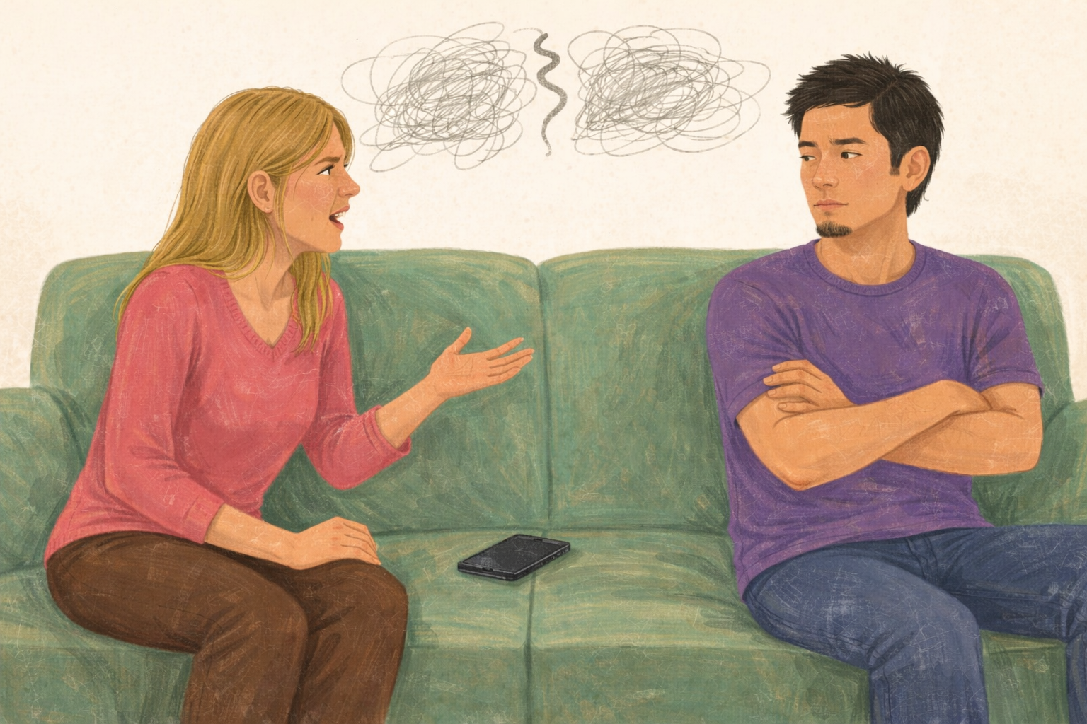 Couple sitting on a couch, having a tense moment with her trying to communicate and him stonewalling