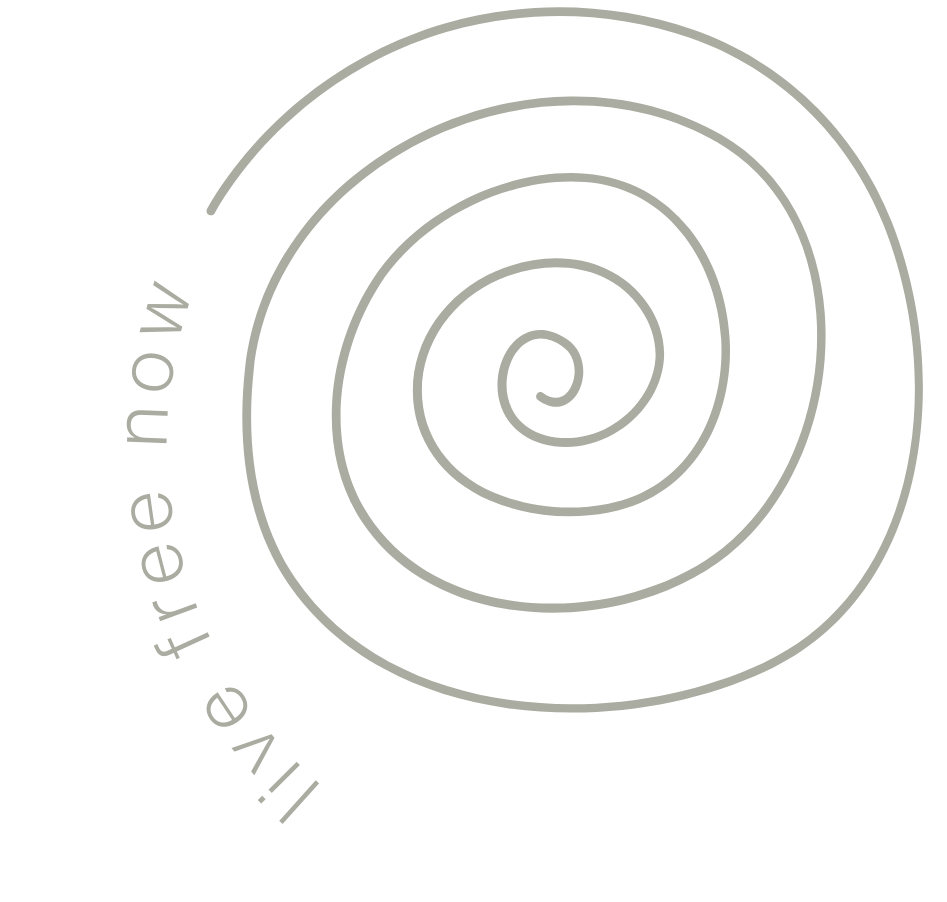 A spiral pattern with the words "live free now" incorporated into the spiral in a circular pattern on a black background.