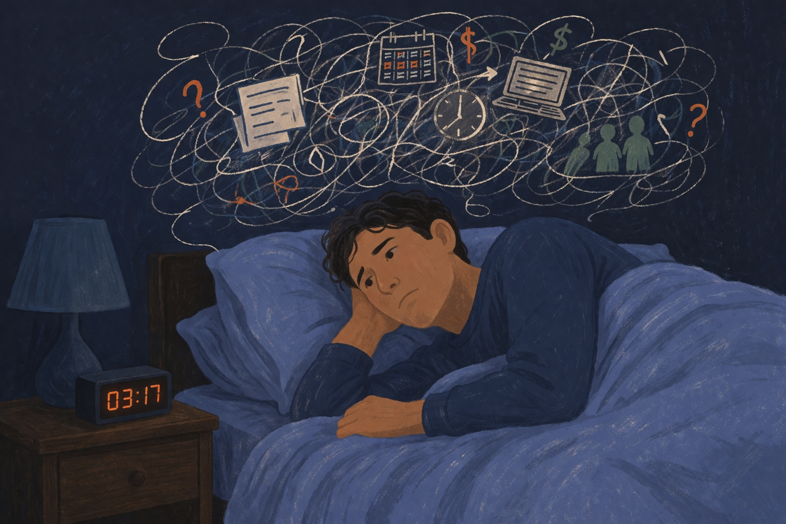 Man lying in bed with insomnia, while he's overthinking and worrying about too much