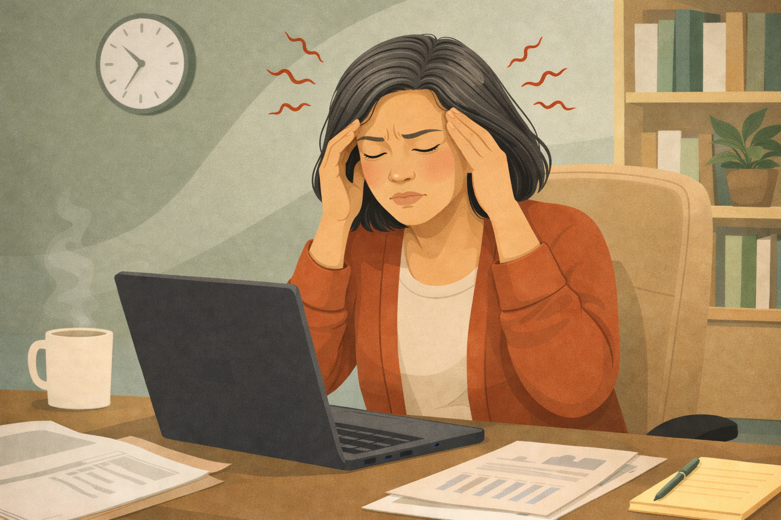 Woman in front of her laptop computer with a headache, eyes closes and in pain