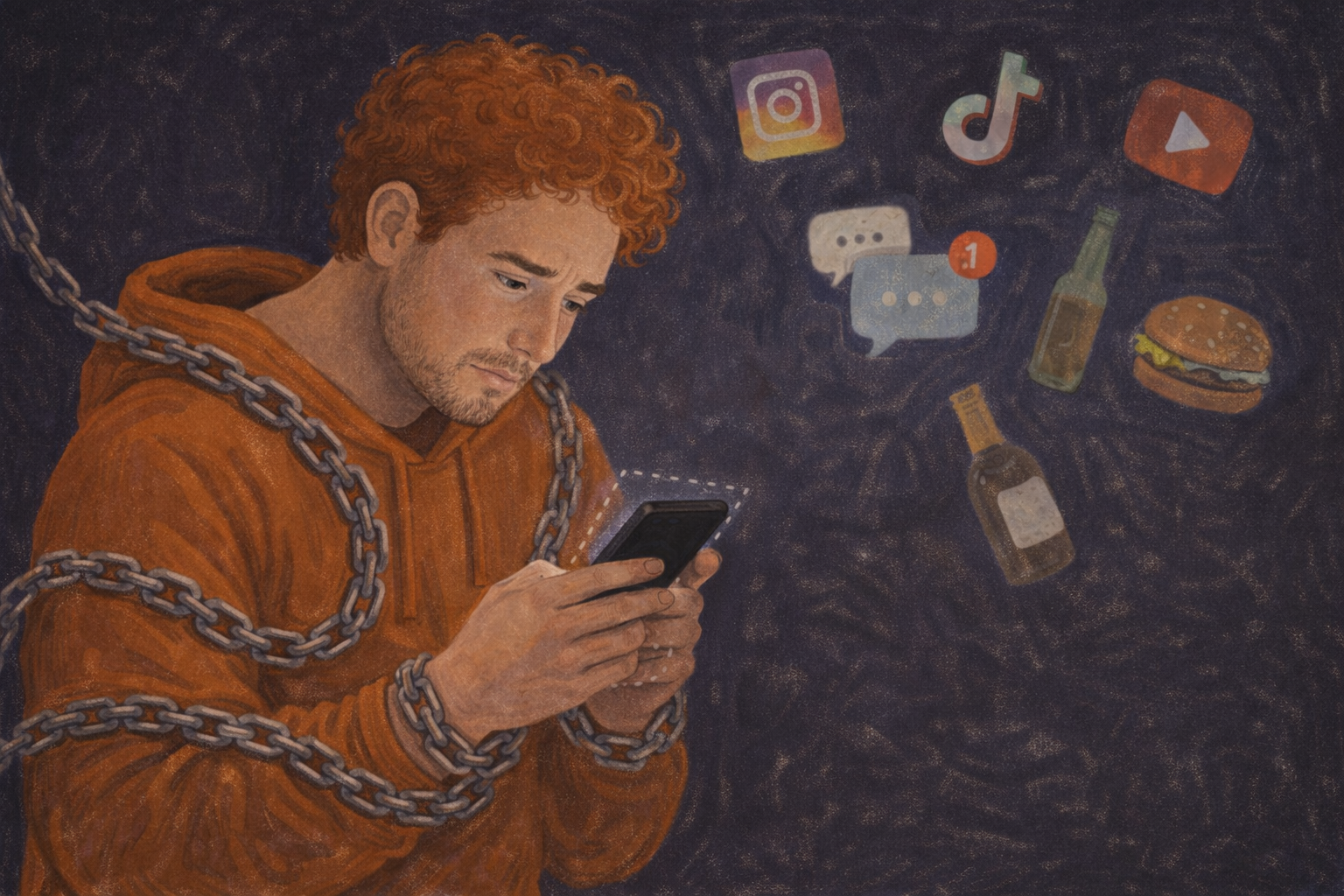 Young man addicted to scrolling on his mobile phone