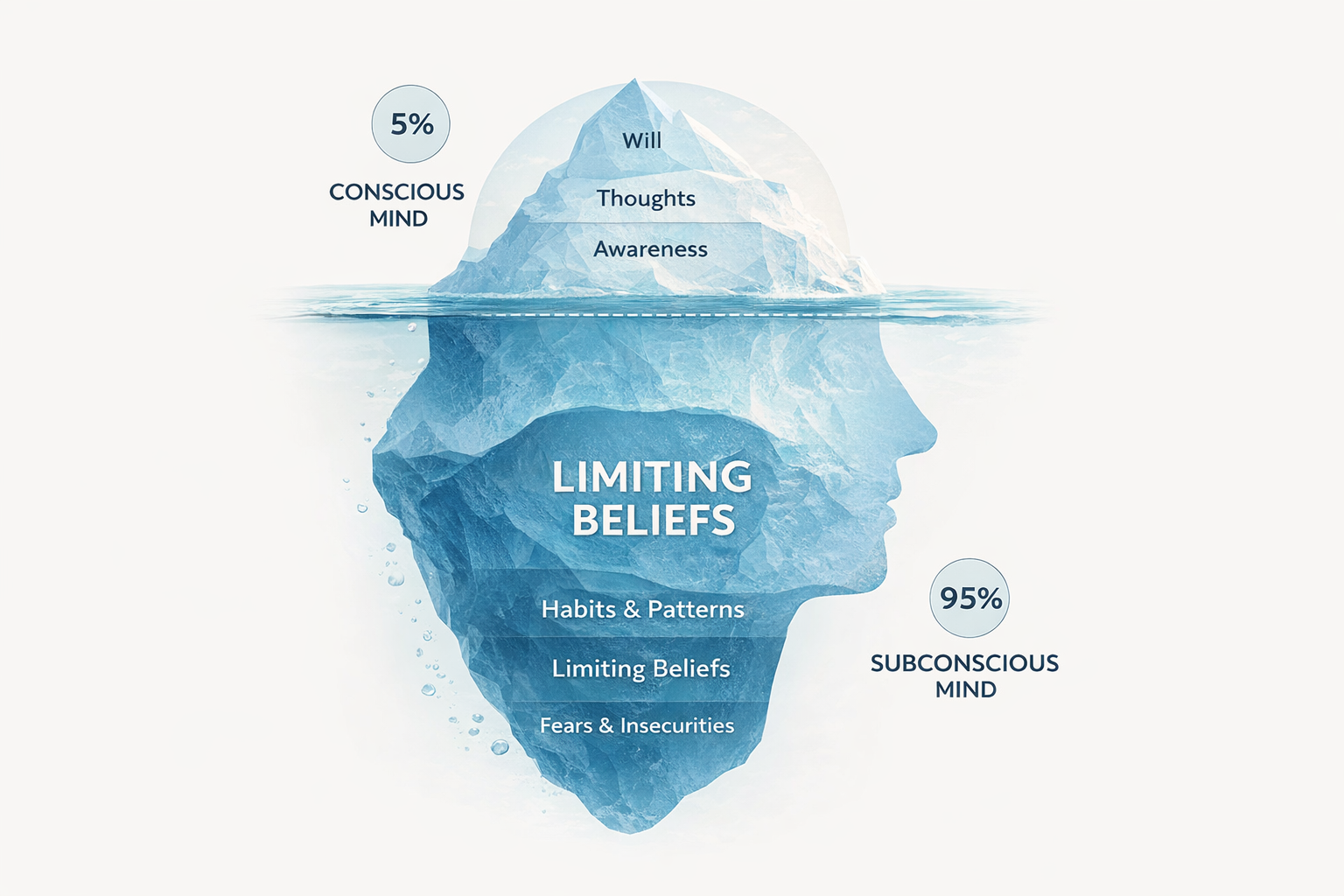 Iceberg illustration showing the conscious mind at the top, including will, thoughts, and awareness, representing 5%. The larger portion beneath the water represents the subconscious mind, comprising habits, patterns, limiting beliefs, fears, and insecurities, making up 95%. The iceberg symbolizes how limiting beliefs and underlying fears influence conscious thoughts.