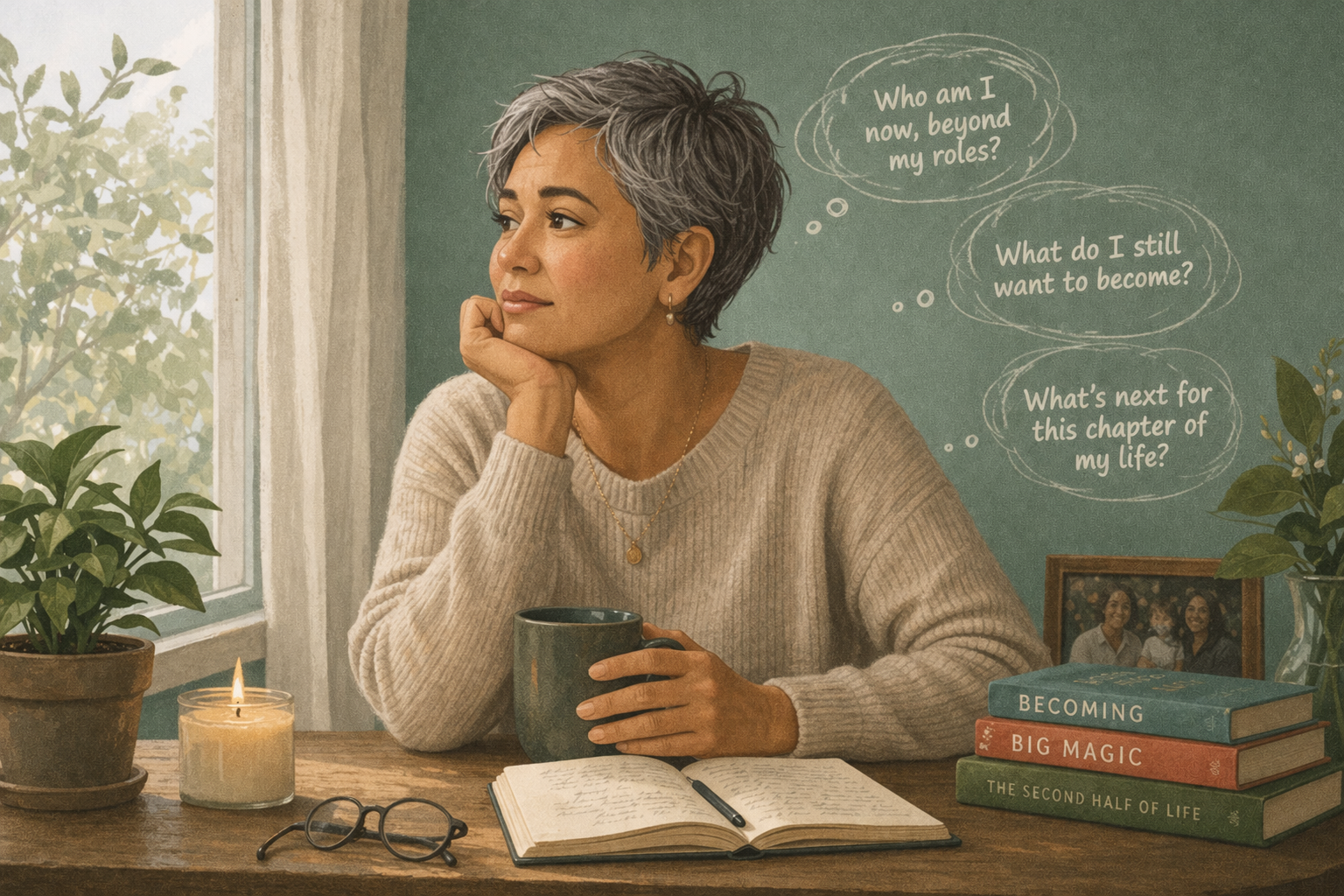 Woman in her midlife sitting with a tea, contemplating what she wants to do with her life now