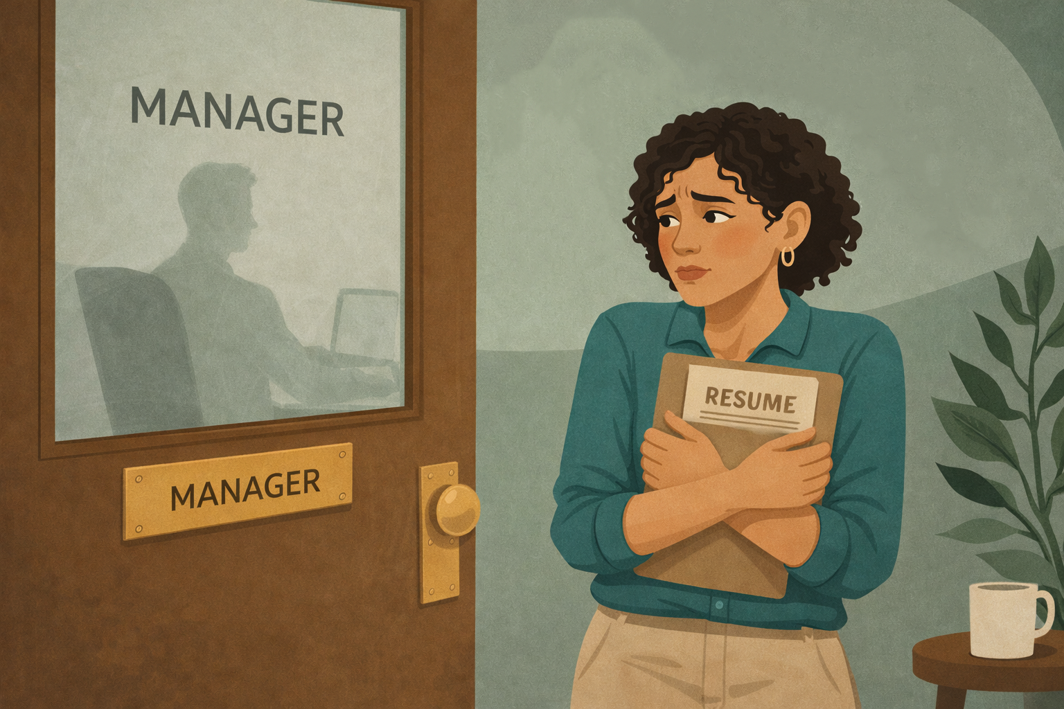 A woman stands outside an office door labeled 'Manager', looking worried and clutching a resume to her chest, with a cup on a table nearby.