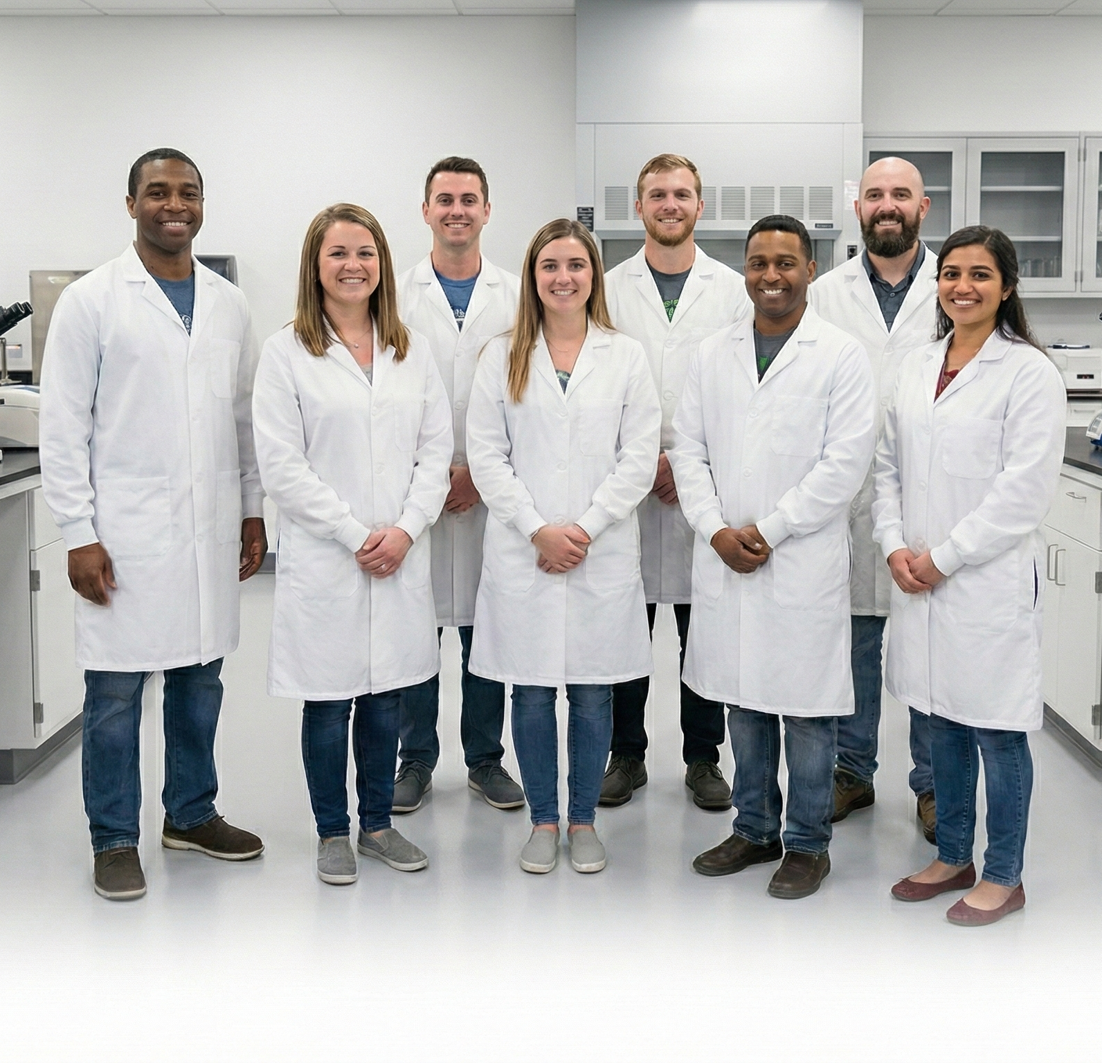 A group of histotechs wearing lab coats standing in a lab smiling