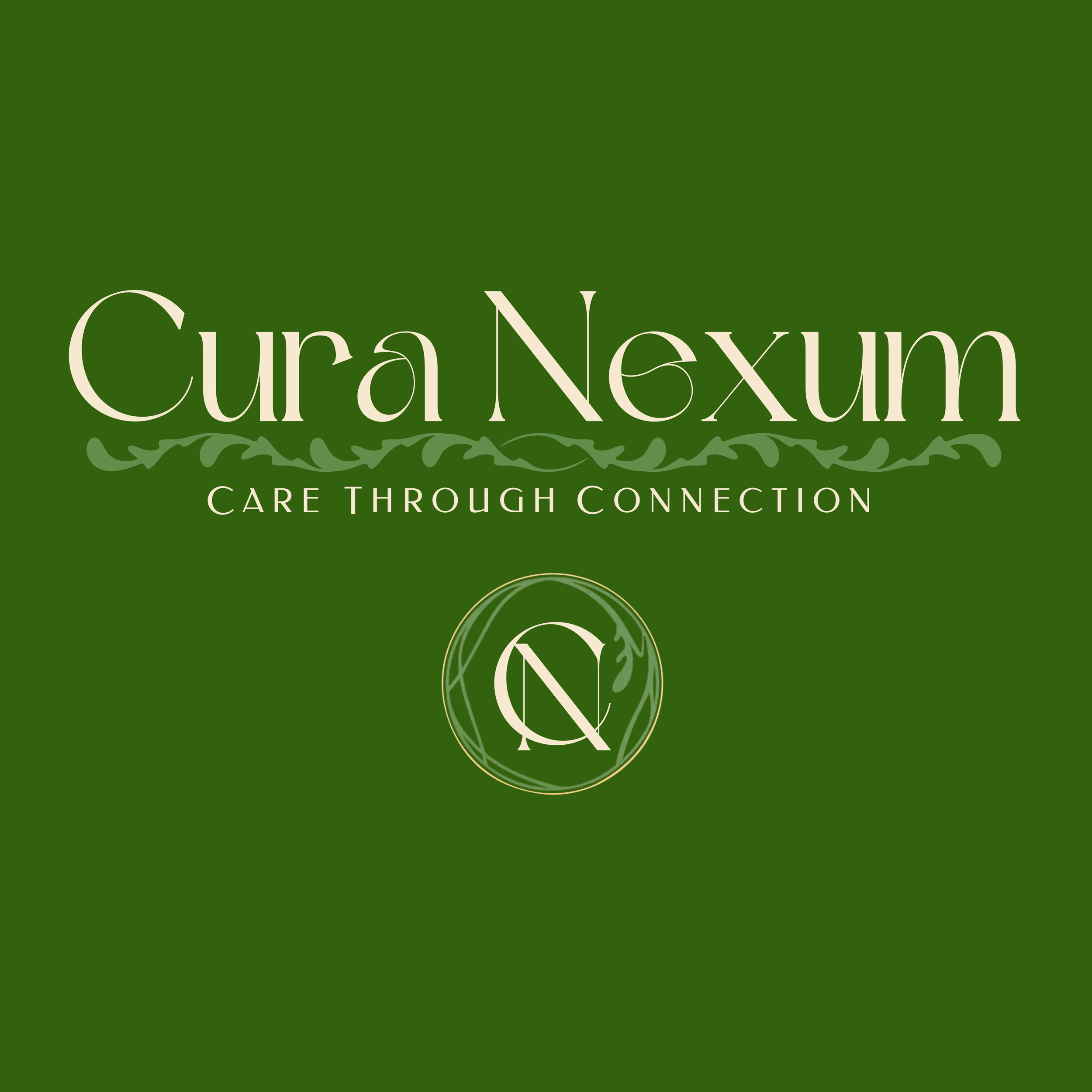 Cura Nexum company logo featuring the tagline 'Care Through Connection' in cream text on a green background.