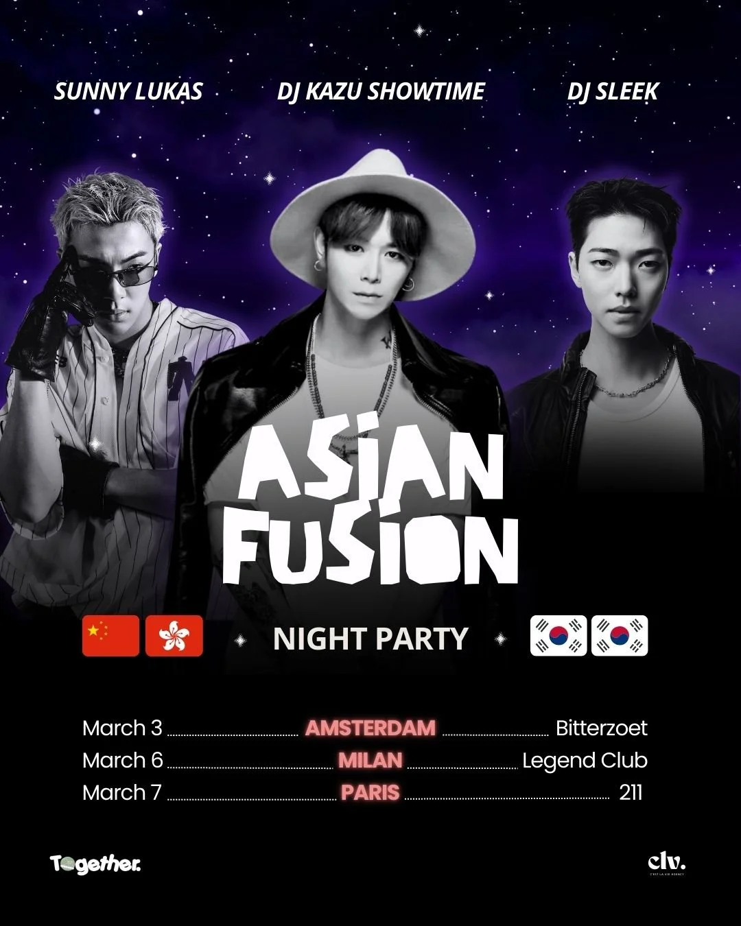 Affiche promotionnelle pour une soirée Night Party intitulée Asian Fusion, avec trois membres masculins du groupe de musique, date et lieu des événements à Amsterdam, Milan et Paris, avec drapeaux de Chine, Hong Kong et Corée du Sud.
