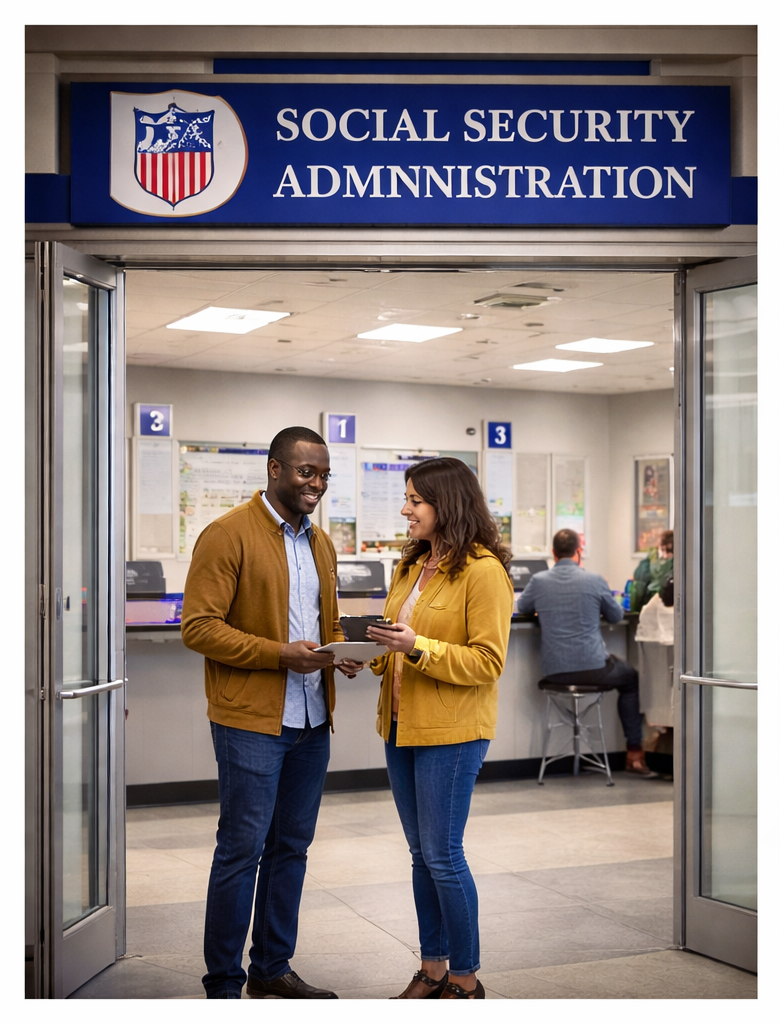 Two people standing and talking in front of a Social Security Administration office, with a woman showing something on her phone to a man.