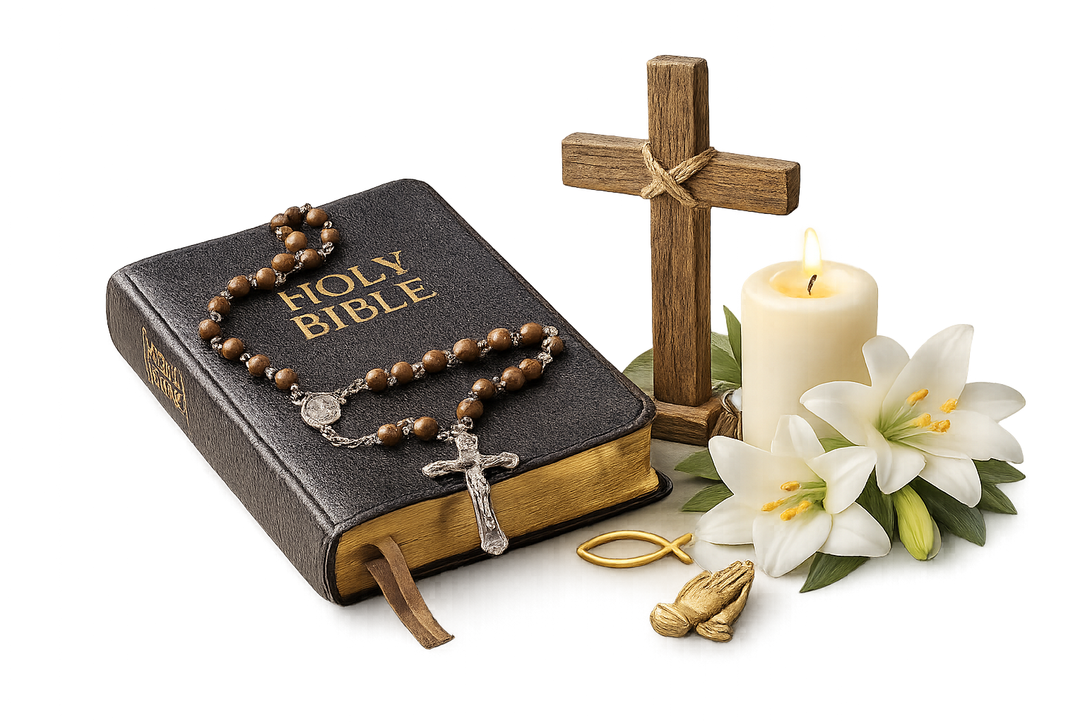 A Bible with a rosary draped over it, a wooden cross, a white candle, white lilies, a gold fish symbol, and a small figurine of praying hands on a surface.