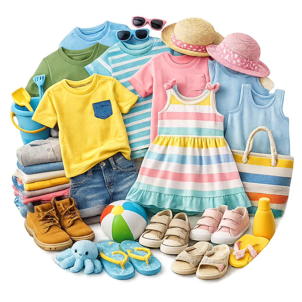 Arrangement of children's clothing and accessories for summer, including t-shirts, dresses, hats, shoes, sunglasses, a beach ball, and a towel.