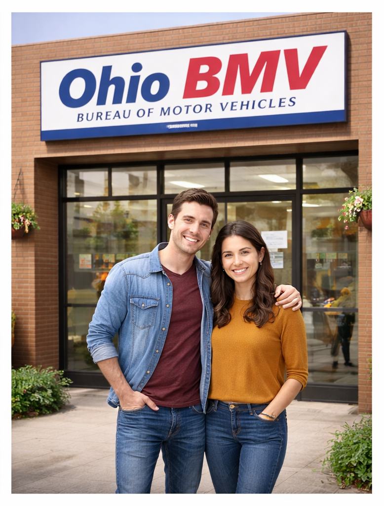 Two young adults, a man and a woman, standing outside a building with a sign that reads "Ohio BMV, Bureau of Motor Vehicles," smiling and posing for a photo.