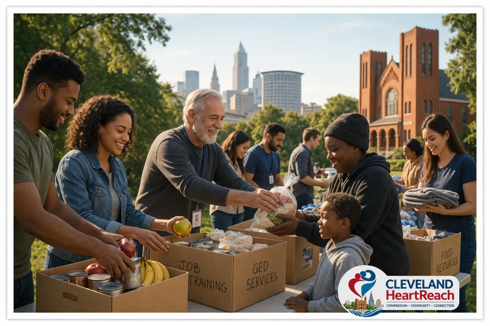 People distributing food at a community event in a park with city skyline background, Cleveland HeartReach logo visible.