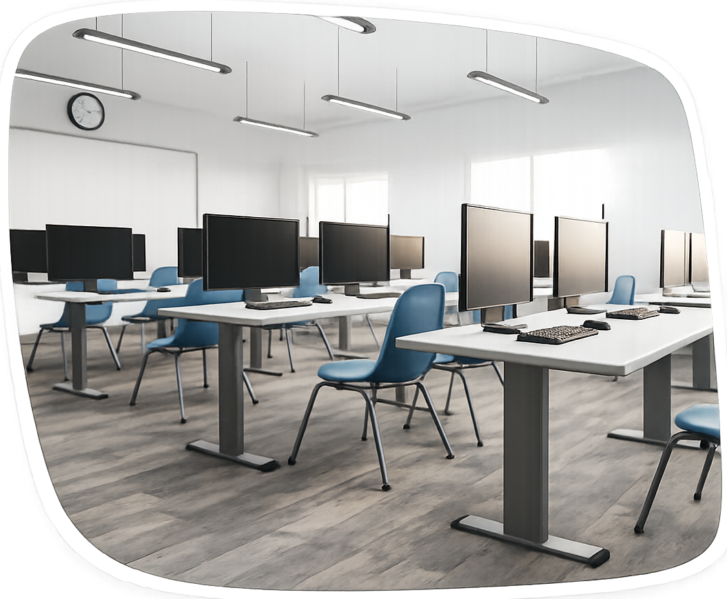 Empty computer lab with desks, monitors, keyboards, and blue chairs.