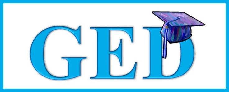 The word 'GED' in large blue letters with a purple graduation cap on the top right of the 'D'.