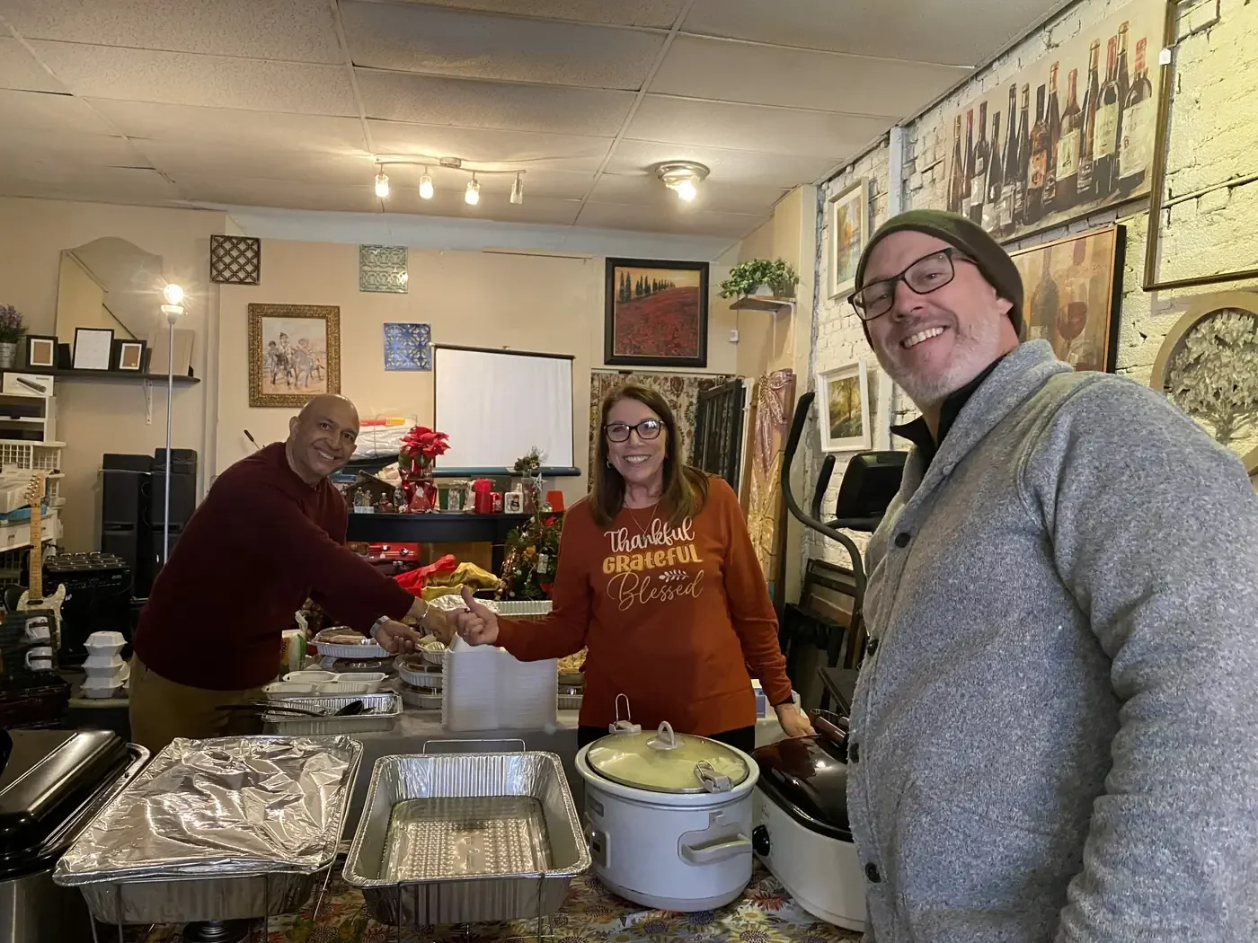Getting ready to welcome people for our Thanksgiving Dinner.
