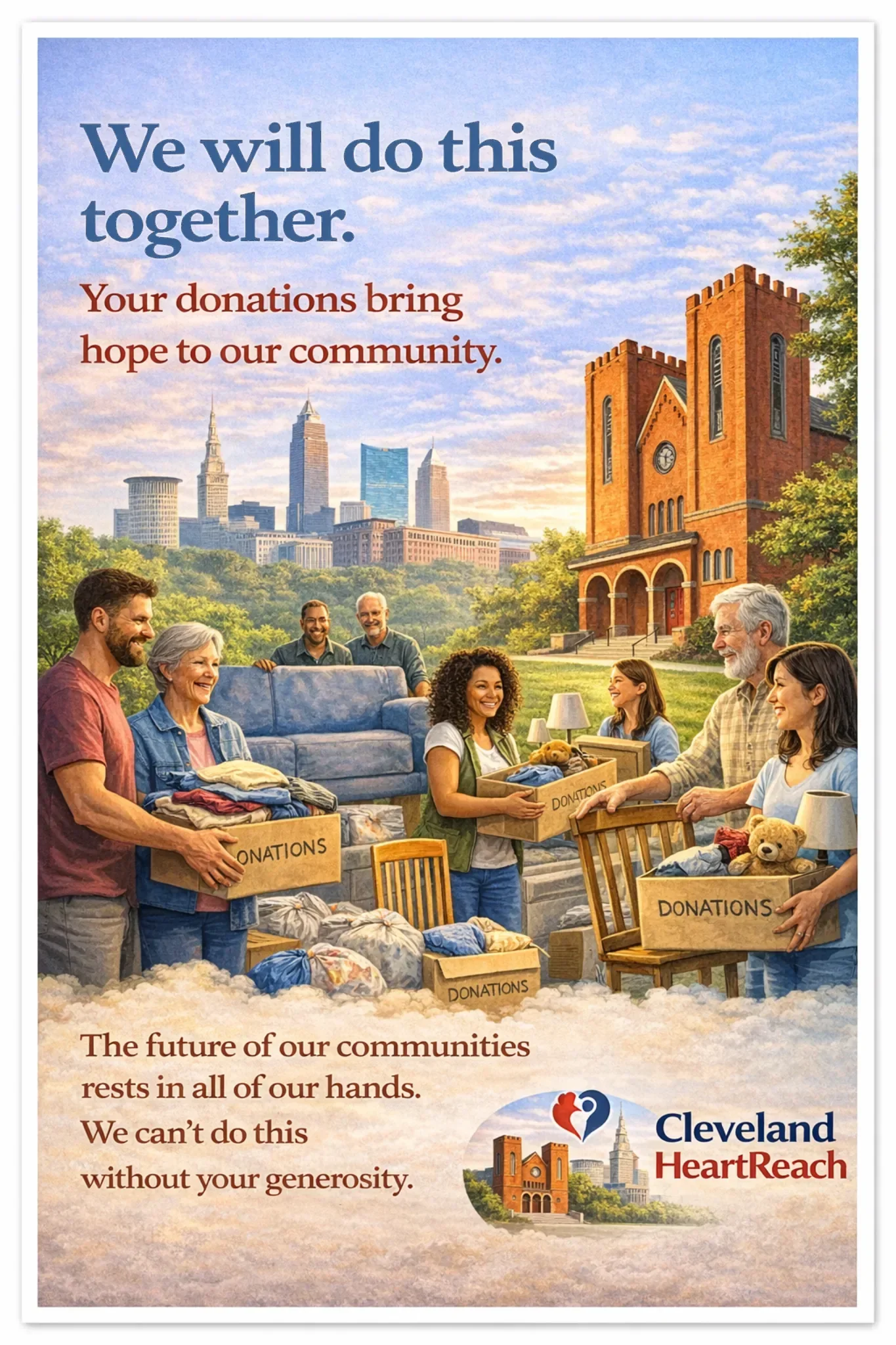 People donating clothes and toys in a community park with a city skyline and a church in the background for Cleveland HeartReach charity campaign.
