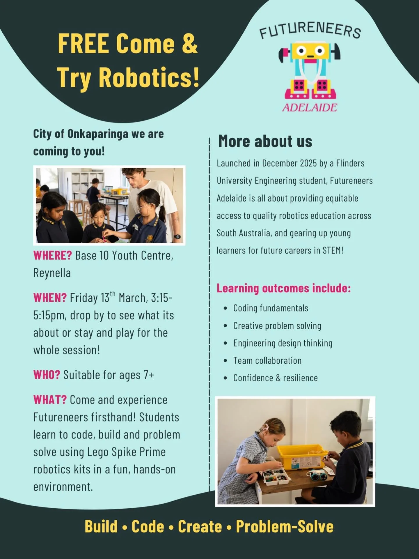 Come and see us in action at the Base 10 Youth Centre in Reynella!

#cityofonkaparinga #reynella #robotics #southadelaide
