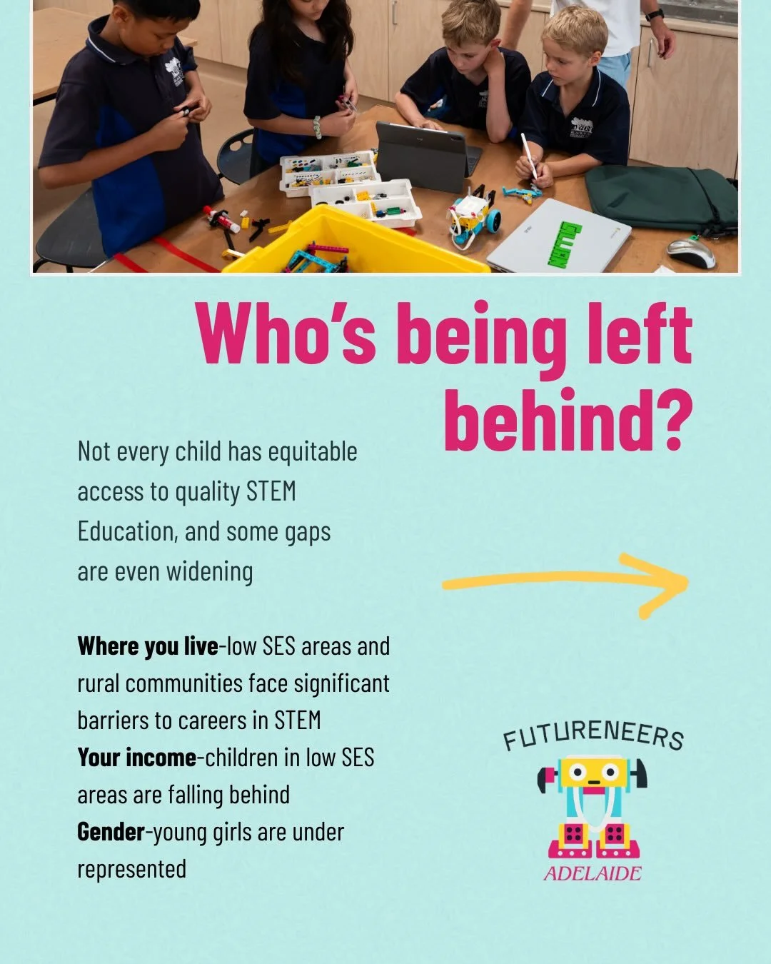 A child in rural SA is 3x less likely to complete a university degree.

A girl is less likely to pursue STEM.

A kid from a low-income family is already 3 years behind by age 15.

These aren&rsquo;t just statistics &mdash; they&rsquo;re kids with pot