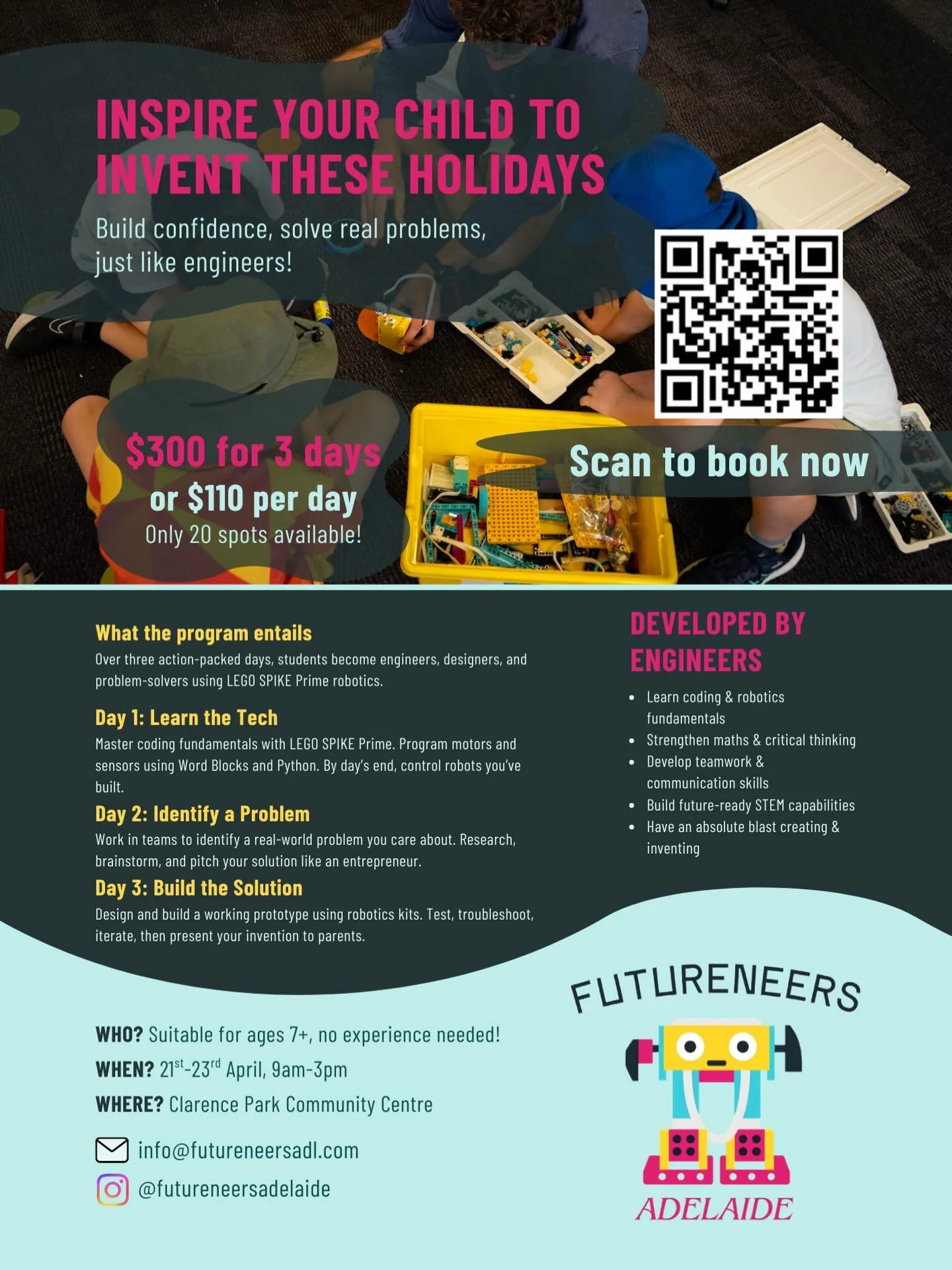 Know a kid who&rsquo;s a little inventor? 👀🔧

Tag their parents &mdash; this one&rsquo;s for them. April holidays, 3 days, real robotics, real inventions. 🤖 

Only 20 spots available!

Link in bio to book.

#adelaidekids #stemkids #schoolholidays 