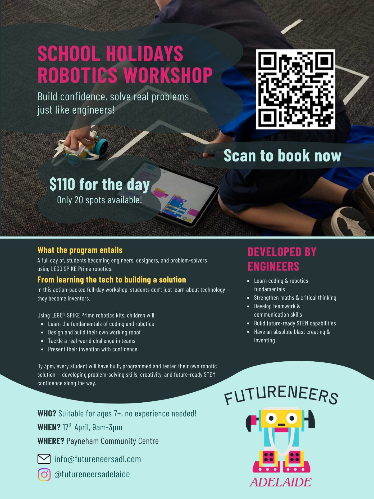 School holidays are coming, and we have something exciting in store. 🤖✨

This April, Futureneers Adelaide is running full-day robotics workshops at two locations across Adelaide, and we can&rsquo;t wait to see what your kids create!

Using LEGO SPIK