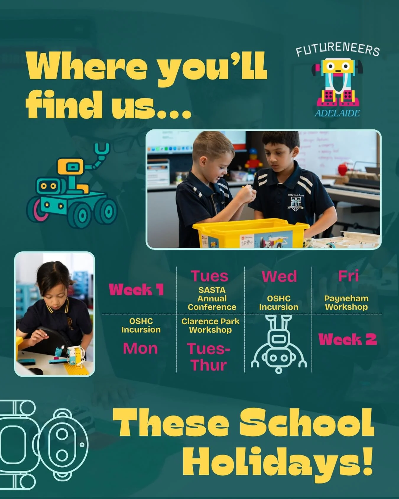 🚀 Where can you find us these school holidays?

We&rsquo;re bringing hands-on STEM fun all across Adelaide! 🤖✨

📍 Clarence Park Workshop
📍 Payneham Workshop
📍 2 x OSHC Incursions
📍 SASTA Annual Conference

#STEMKids #AdelaideEvents #SchoolHolid