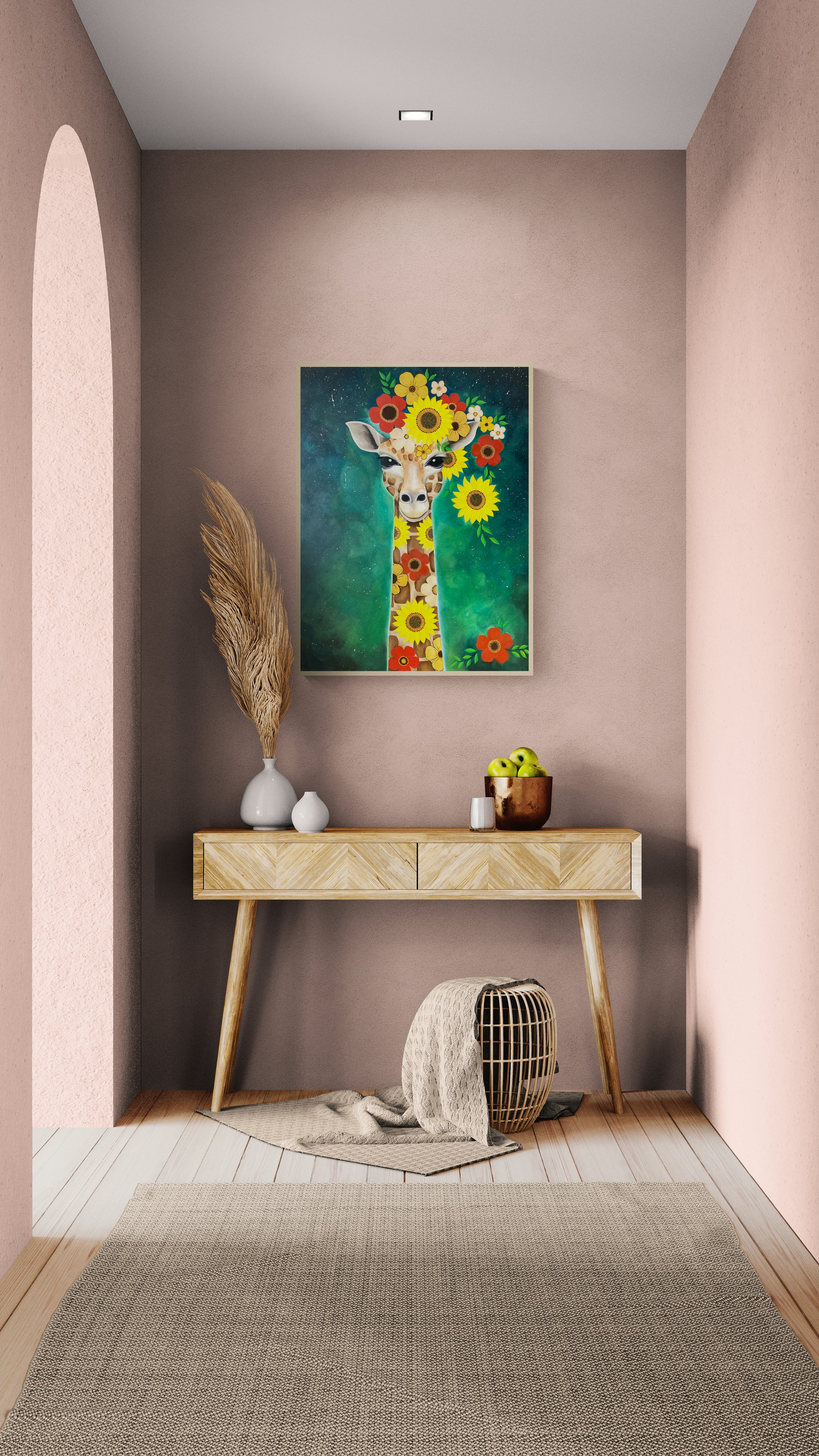A modern entryway with a wooden console table decorated with vases, a bowl of green apples, and a small decorative item. Above the table is a colorful painting of a giraffe with a floral pattern on its neck and head, set against a teal and starry bac