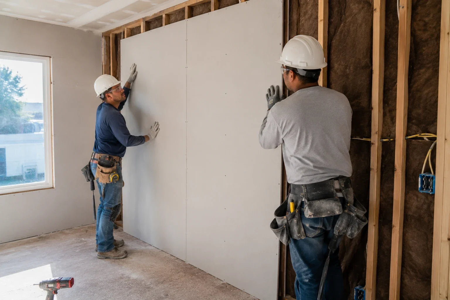 Two construction workers installing drywall on a wall in a room under construction.