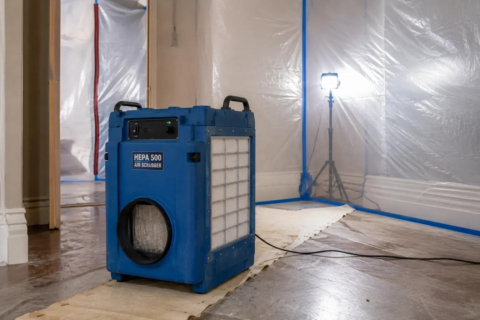HEPA air scrubber running during smoke damage cleanup in Los Angeles — Crystal Peak Construction Inc.
