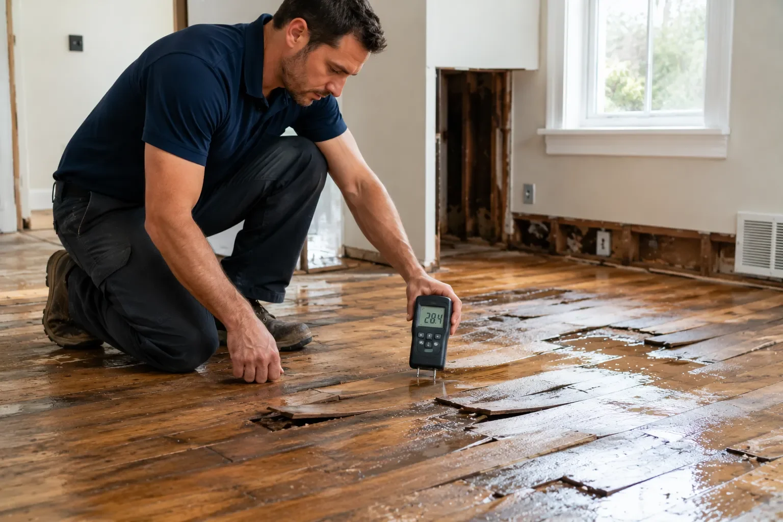 Water damaged wood floor assessment in Los Angeles — Crystal Peak Construction Inc.