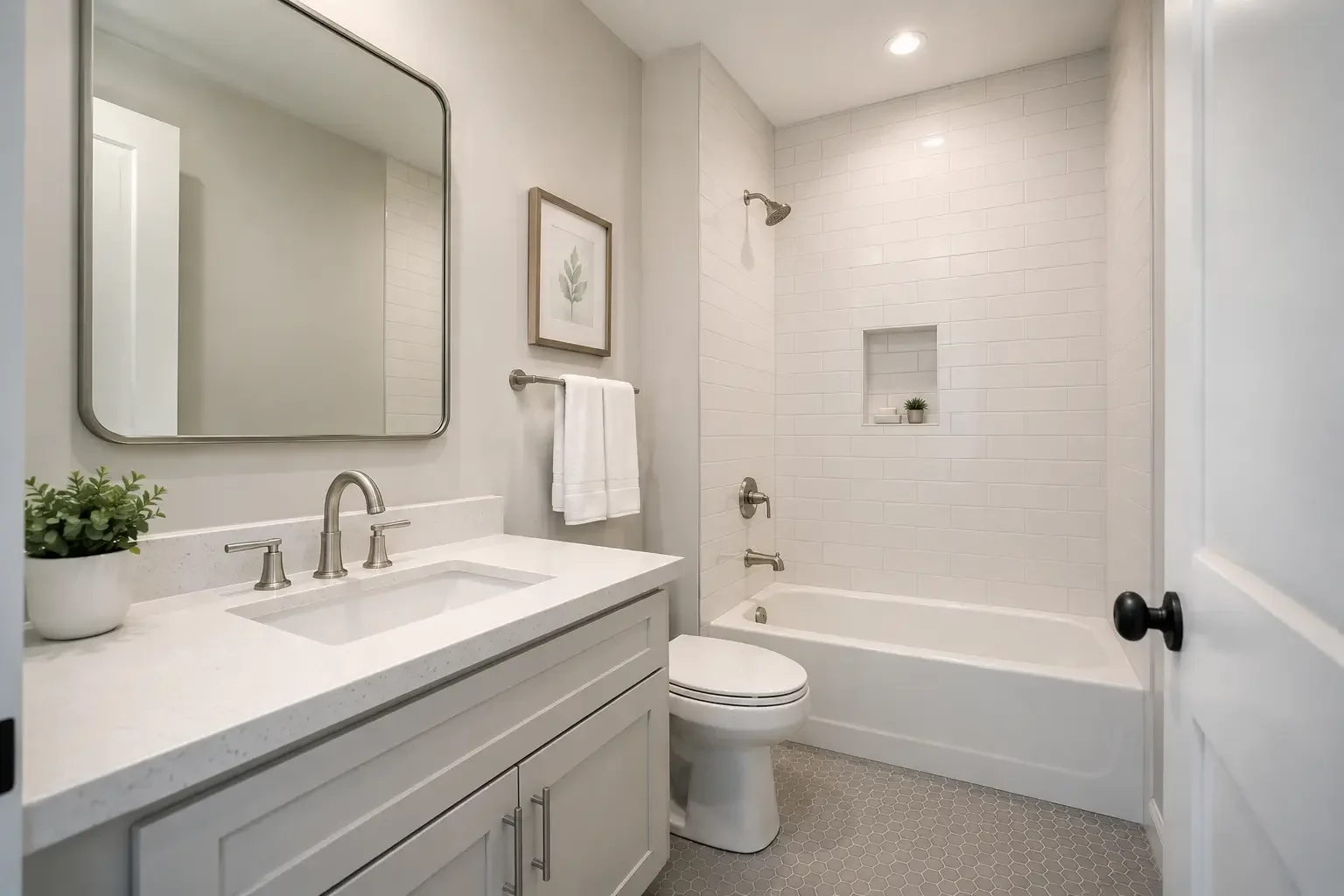 Guest bathroom remodel in Los Angeles — new tile vanity and fixtures — Crystal Peak Construction Inc.