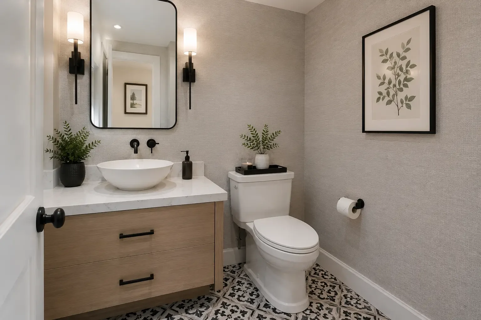 Powder room remodel in Los Angeles — statement vanity and tile — Crystal Peak Construction Inc.