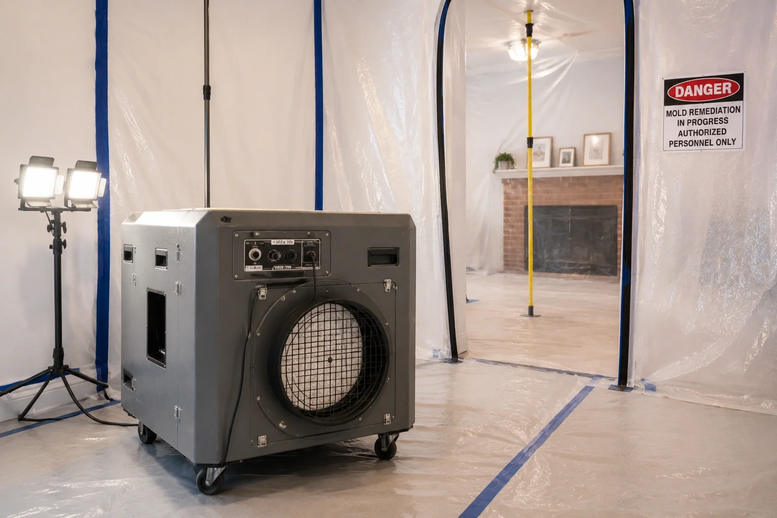air scrubber running during mold remediation in Los Angeles home — Crystal Peak Construction Inc.