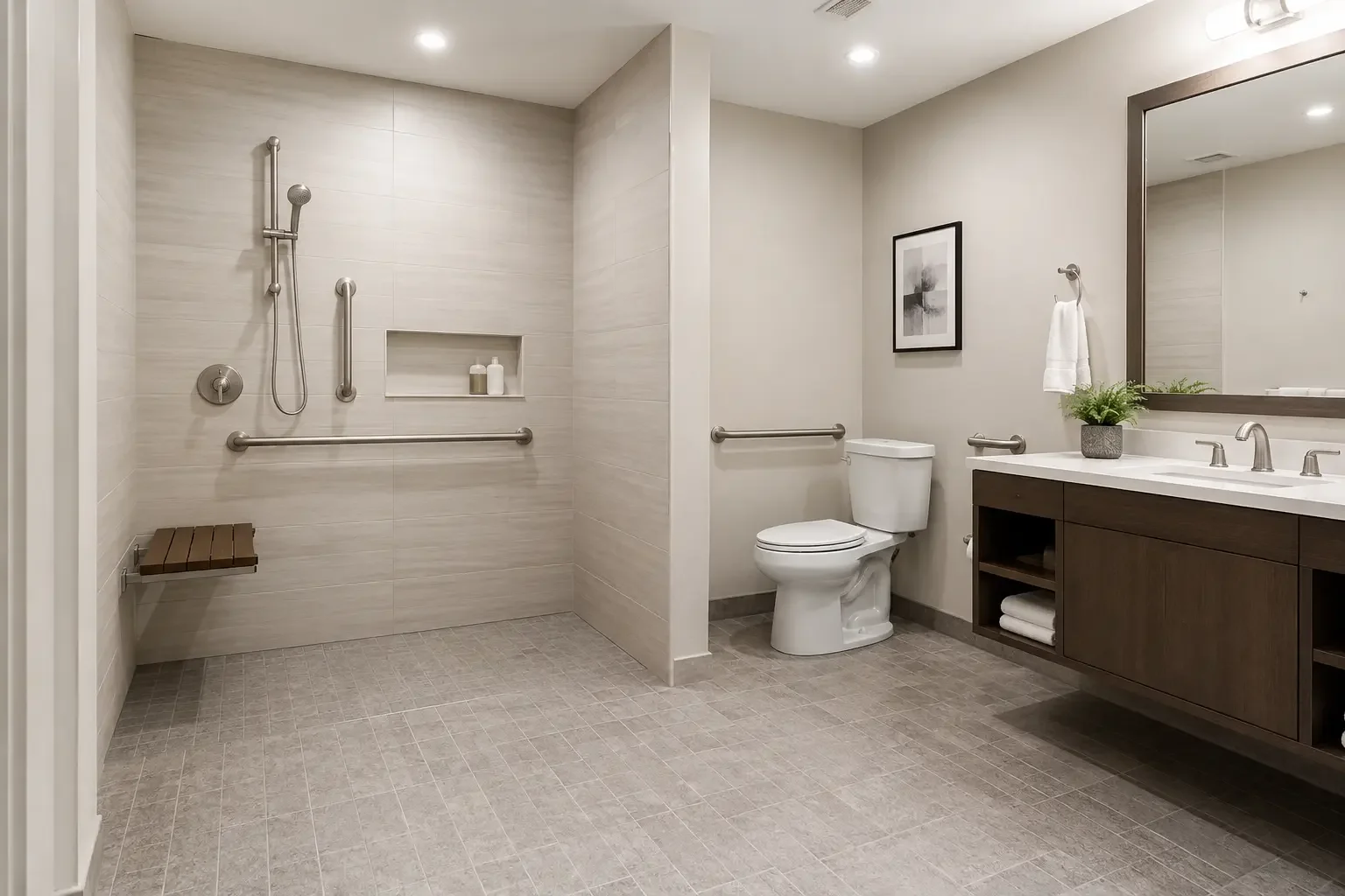 ADA-accessible bathroom remodel in Los Angeles — curbless shower and grab bars — Crystal Peak Construction Inc.