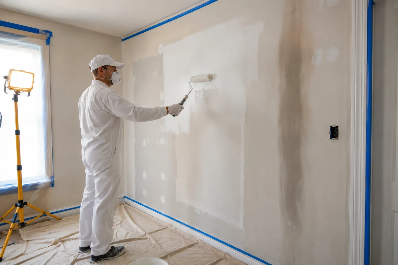 A man in white coveralls, a mask, hat, and gloves is rolling white paint onto a wall with a paint roller, in a room under renovation with painter's tape on the edges and a window with sunlight.