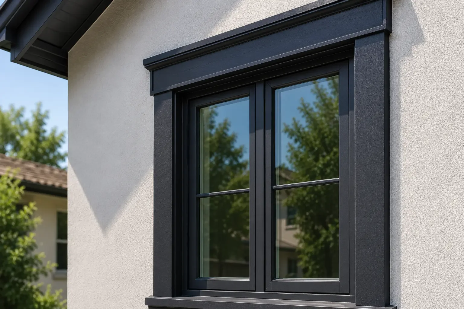Close-up of a black-framed window on a white house exterior, with trees reflecting in the glass.