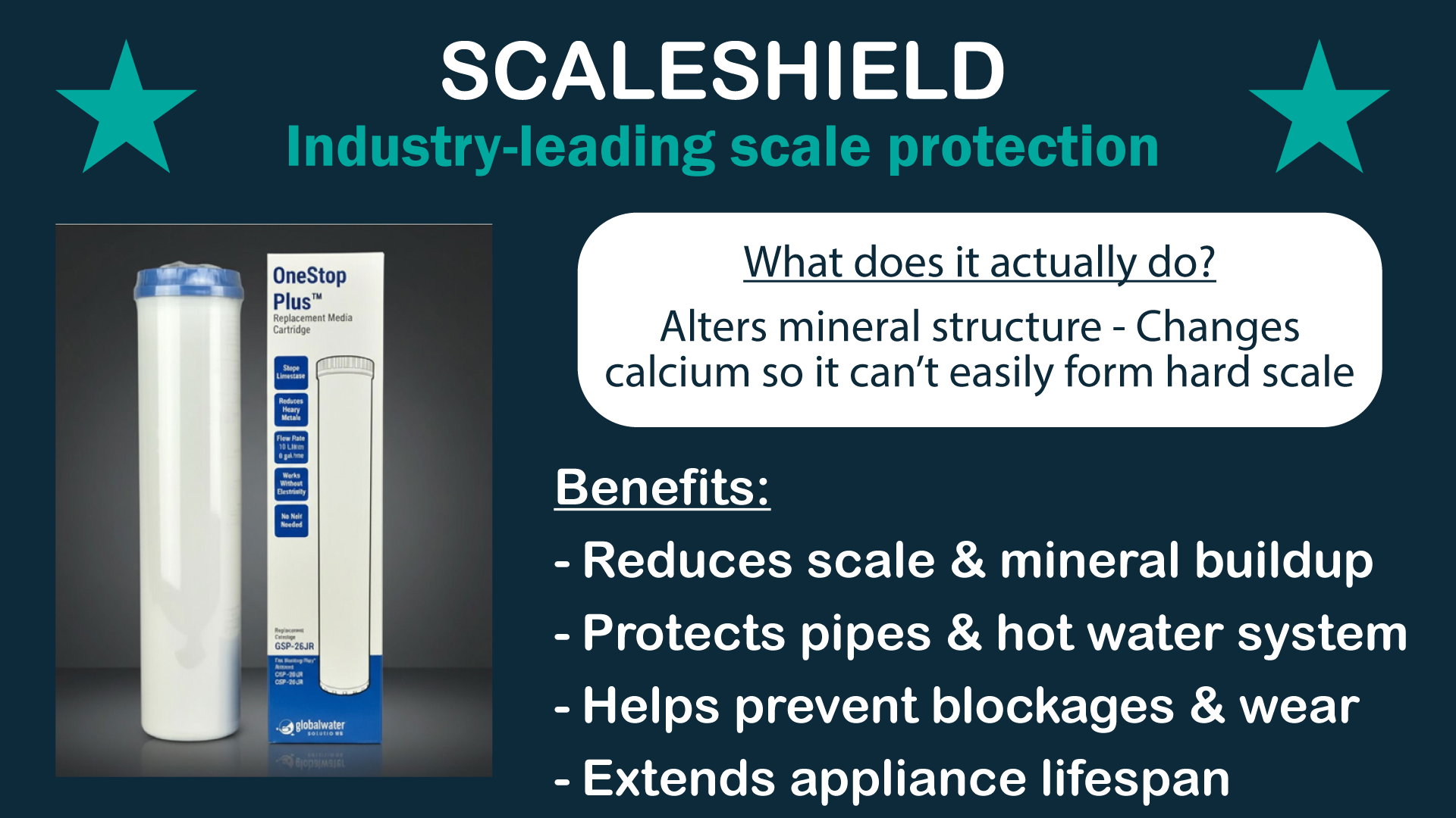 ScaleShield water filtration cartridge for reducing hard water scale and protecting pipes and appliances