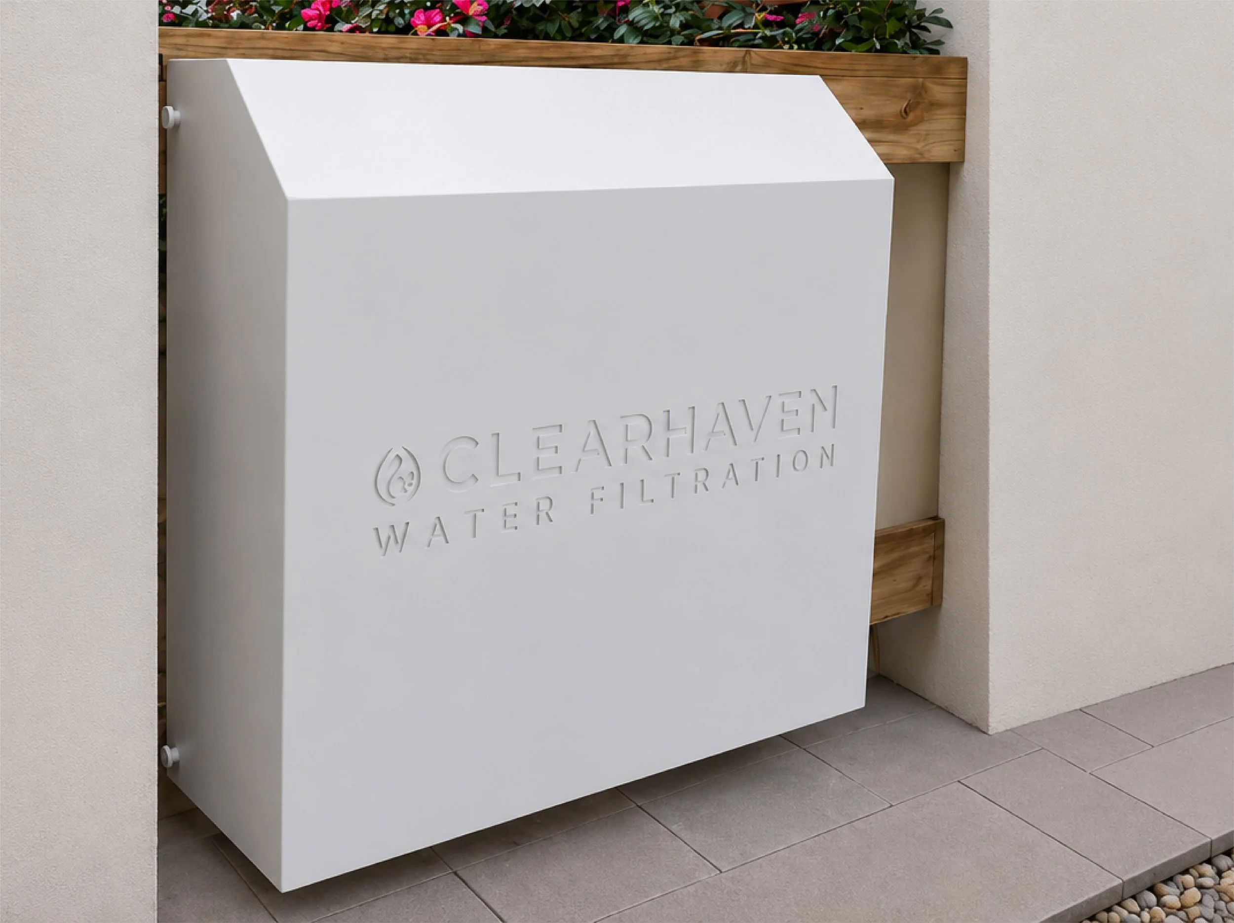 ClearHaven whole-home water filtration system with a custom Surfmist Colourbond cover seamlessly integrated into a Perth home.