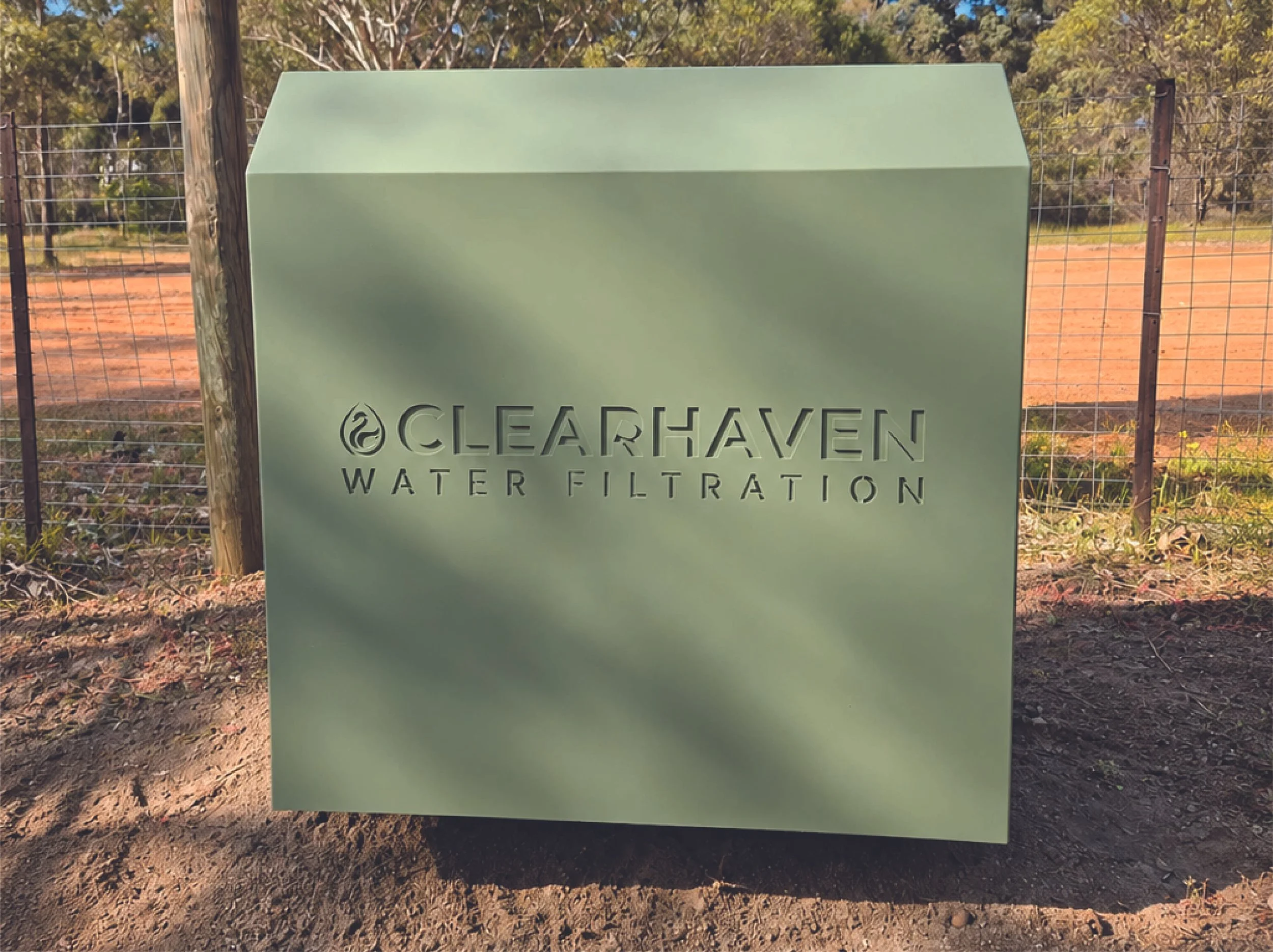 ClearHaven whole-home water filtration system with a Pale Eucalypt cover installed in Clackline, WA.