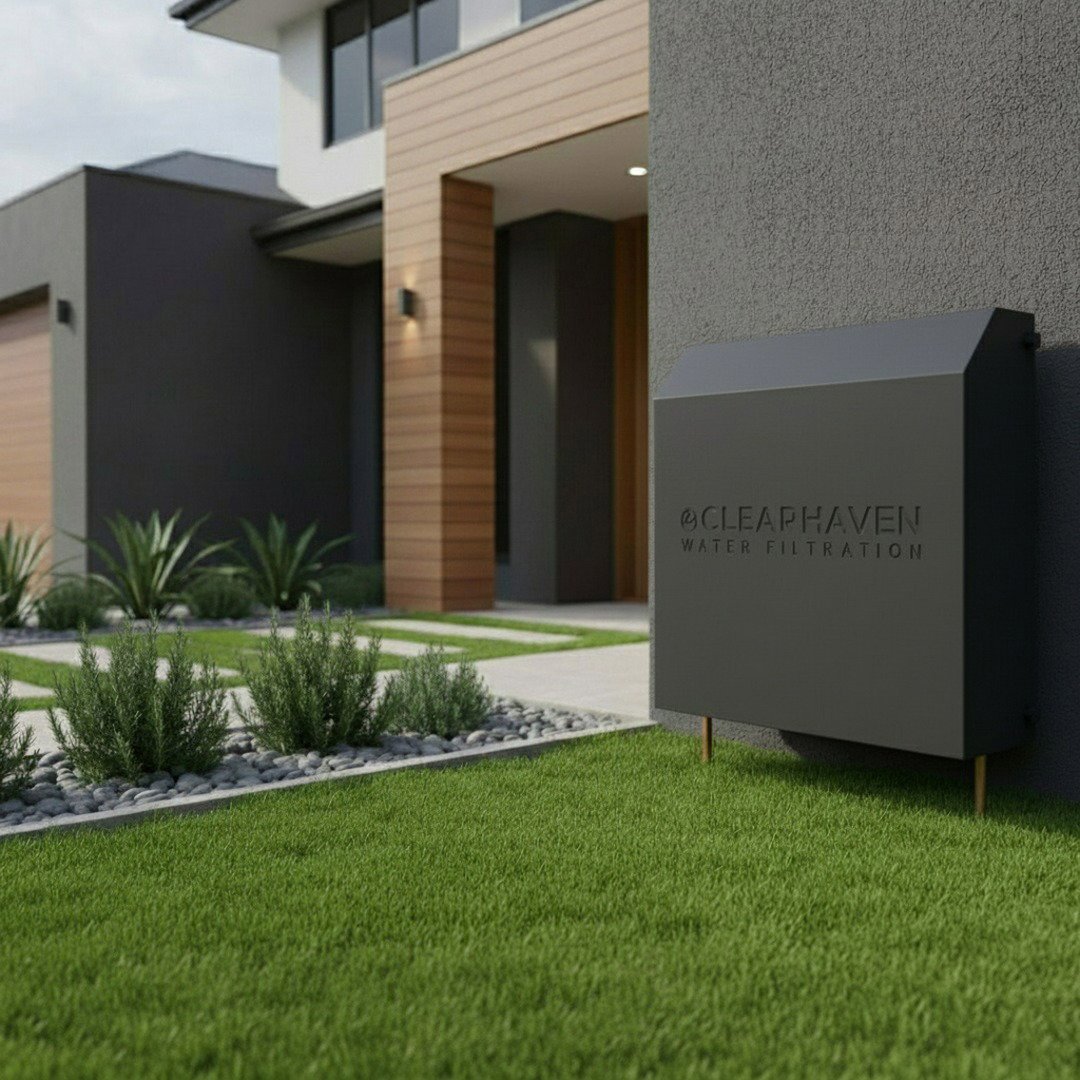 Custom powder-coated ClearHaven whole-home water filtration cover professionally integrated beside a modern Perth home, demonstrating beautiful architectural water filtration design.
